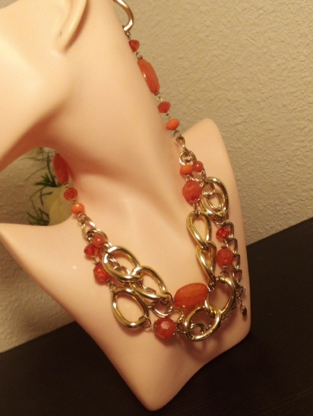 Gold-Link Necklace with Coral Orange Beads - Women Jewelry